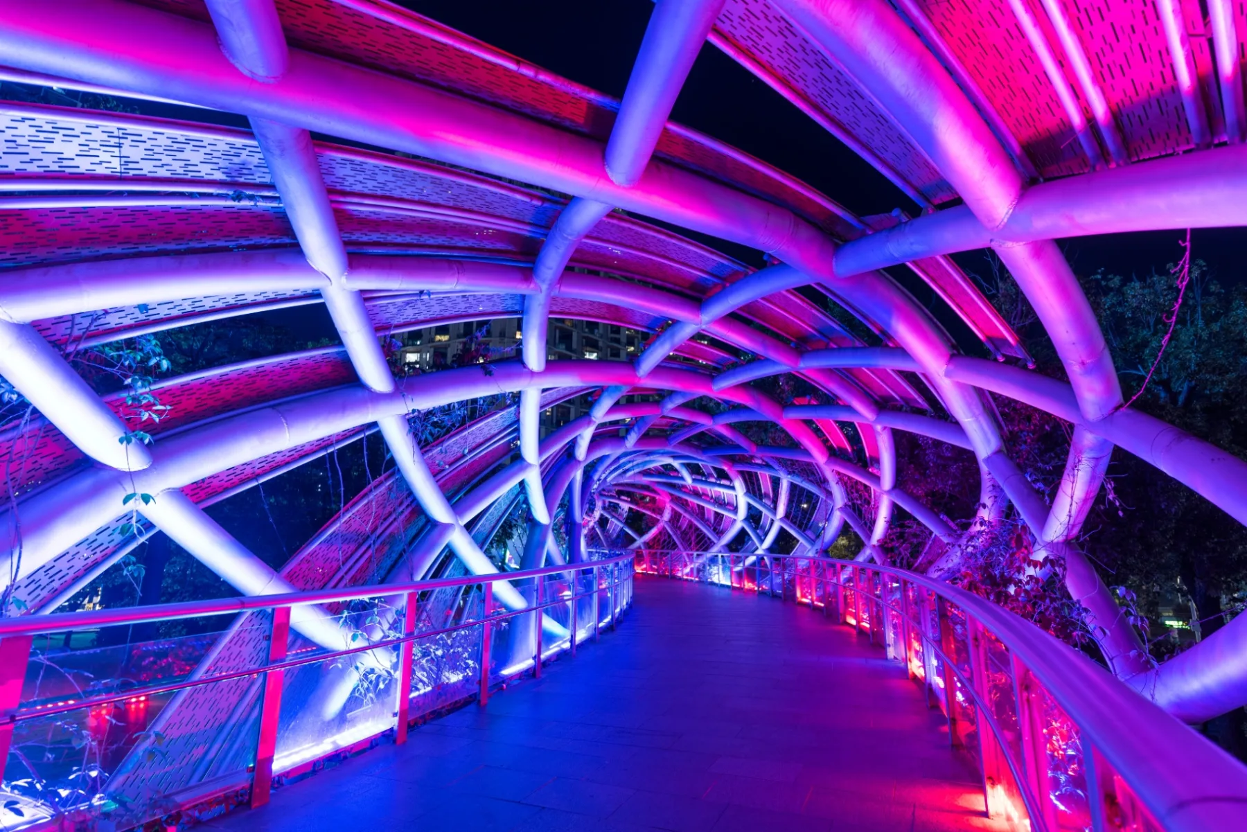 Illuminated architectural pedestrian bridge at night — Cenvia's market sequencing and execution work for biotech and medtech innovators